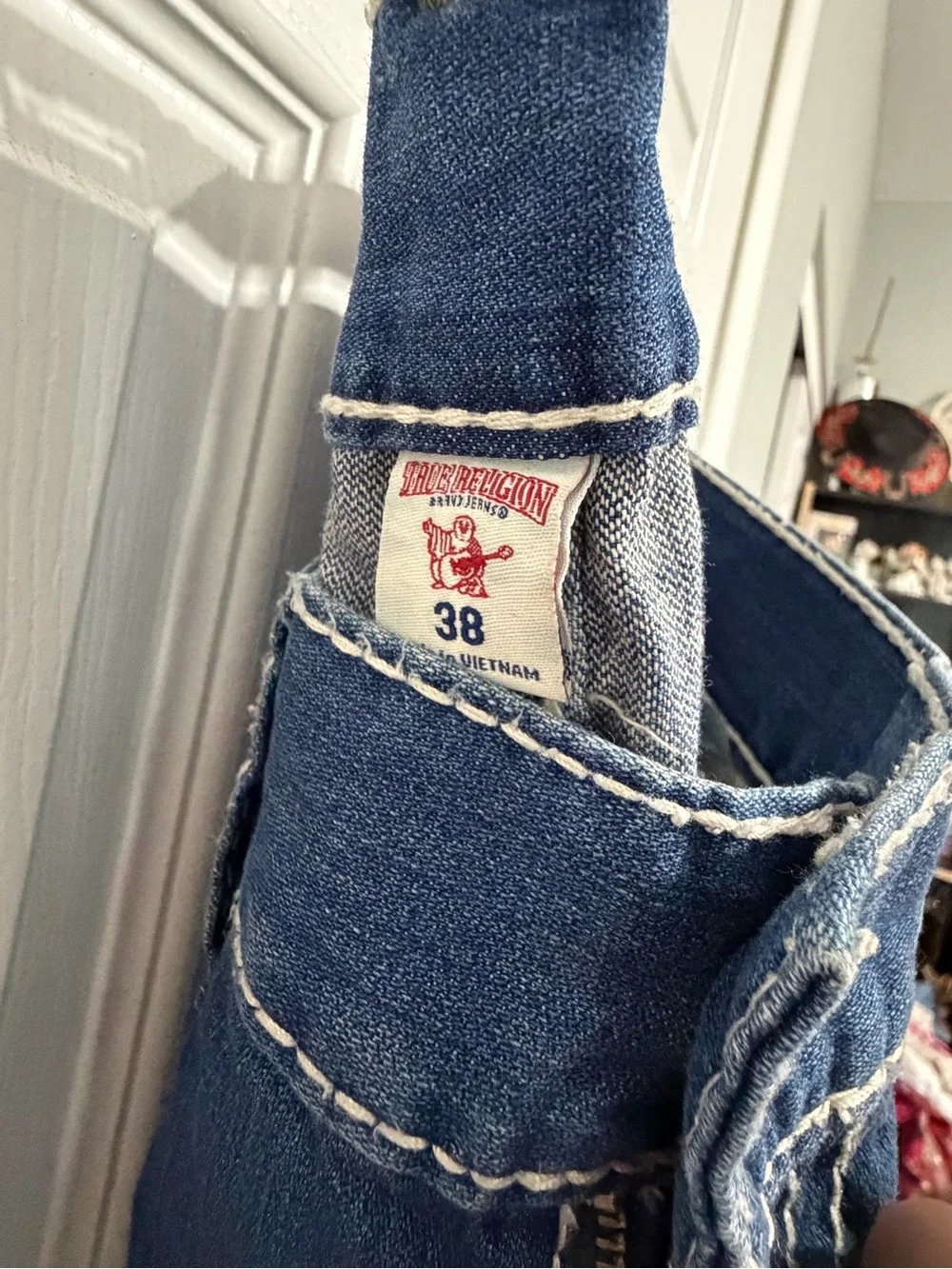 True Religion Men’s Straight Jeans in Medium Blue Denim